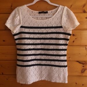 The Limited Off-White Lace Top With Blue Stripes